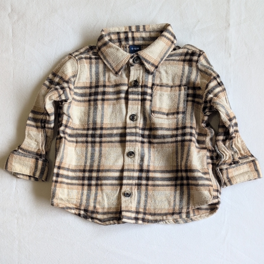 old navy soft feel plaid flannel button down shirt cotton beige 6-12 months baby